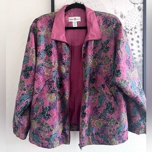 Vintage Points West 100% Silk Floral Pink Lightweight Track Jacket size Large